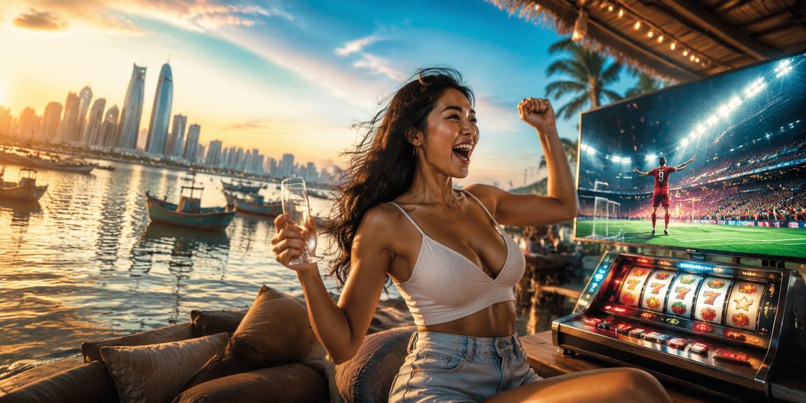 Người chơi slot game bên bãi biển Mũi Né với ánh nắng buổi chiều